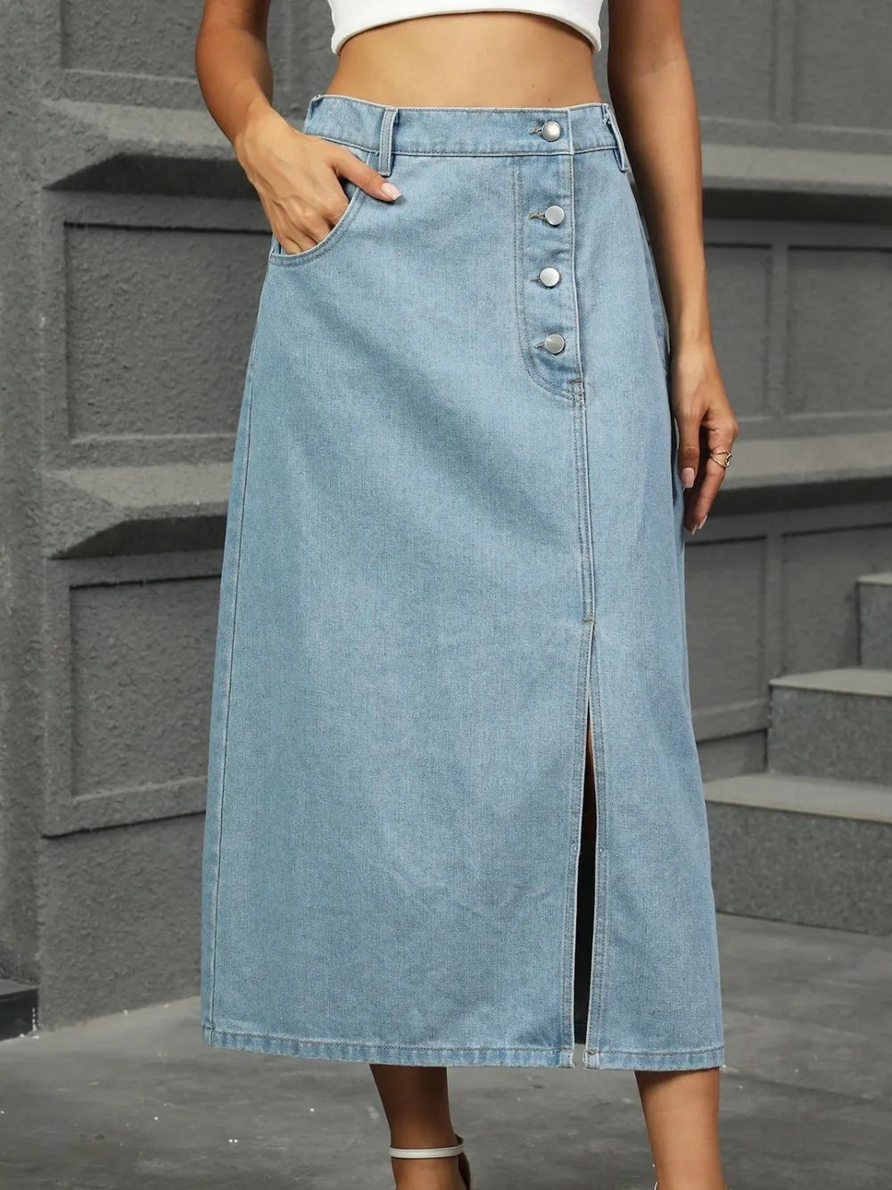 Slit Button Detail Denim Midi Skirt - adritiX