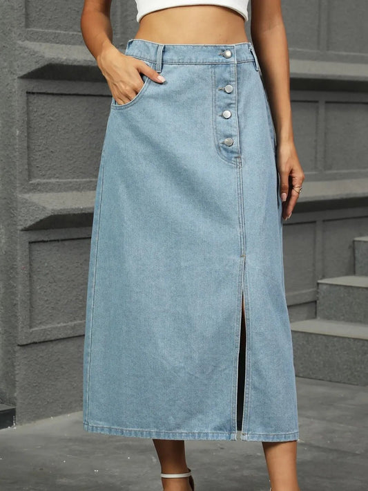 Slit Button Detail Denim Midi Skirt - adritiX