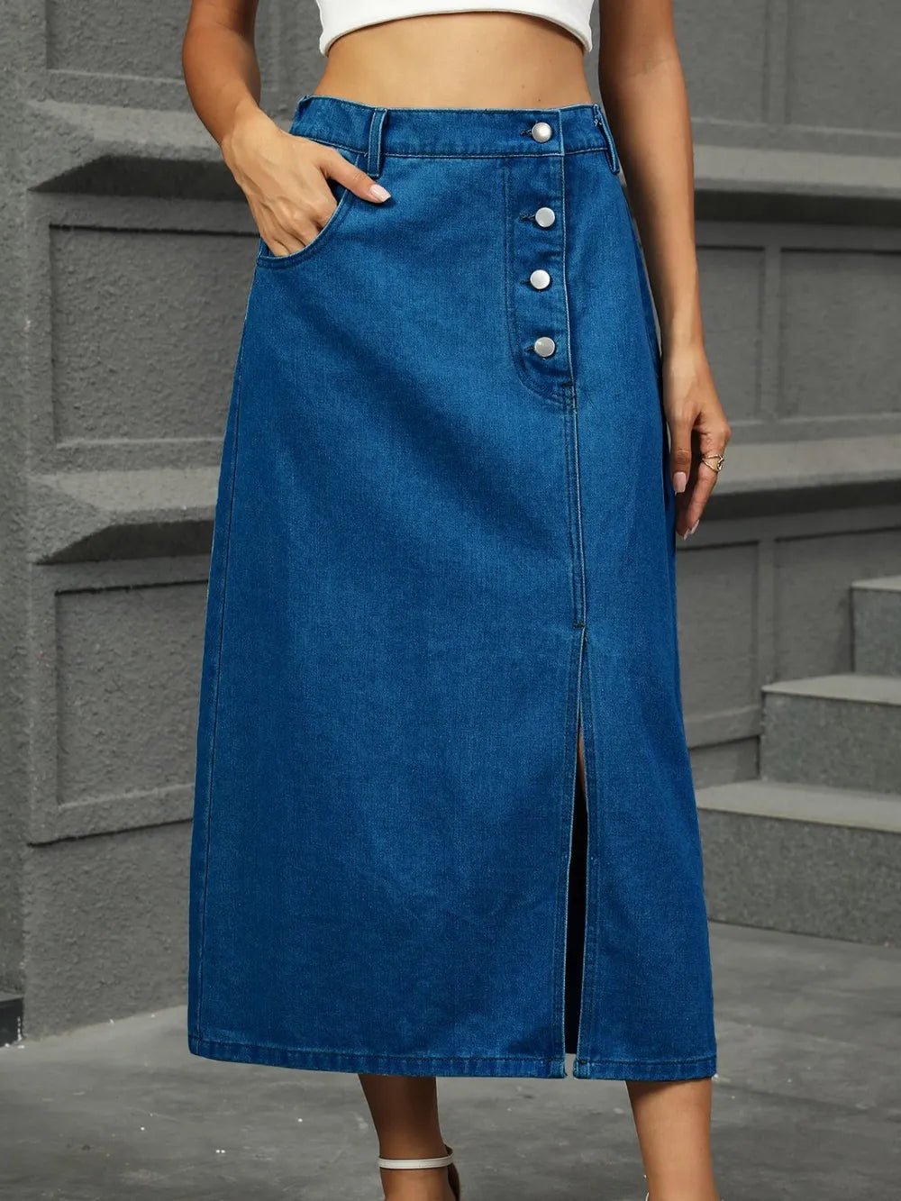 Slit Button Detail Denim Midi Skirt - adritiX
