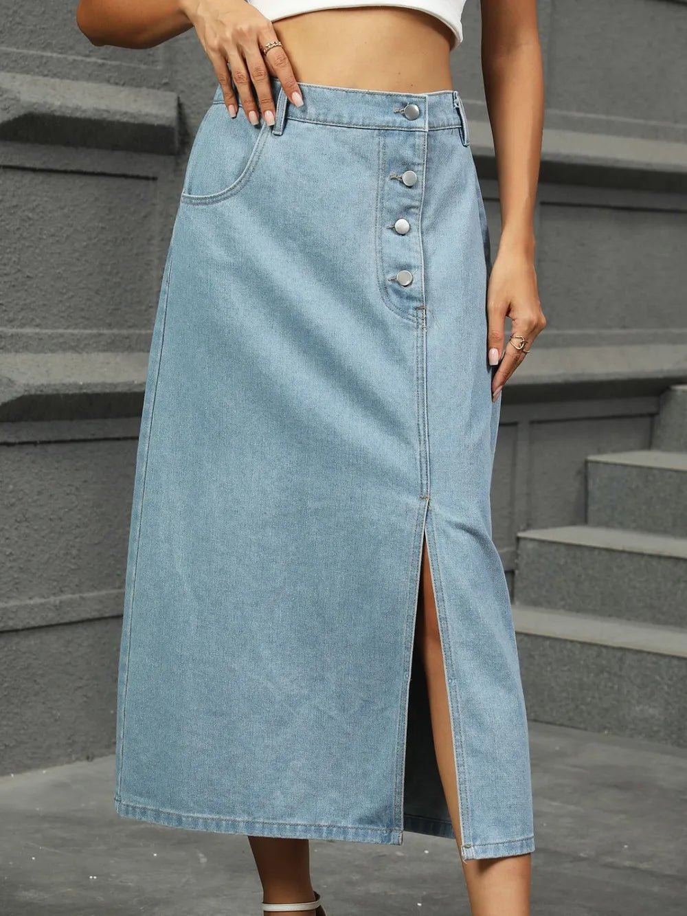 Slit Button Detail Denim Midi Skirt - adritiX