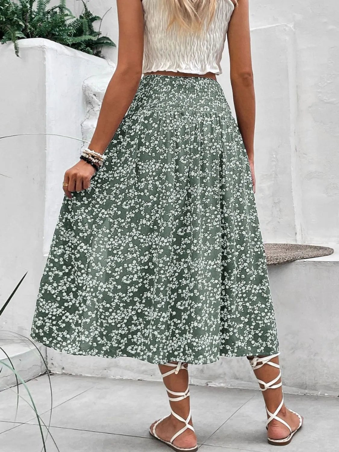 Slit Smocked Printed Skirt - adritiX
