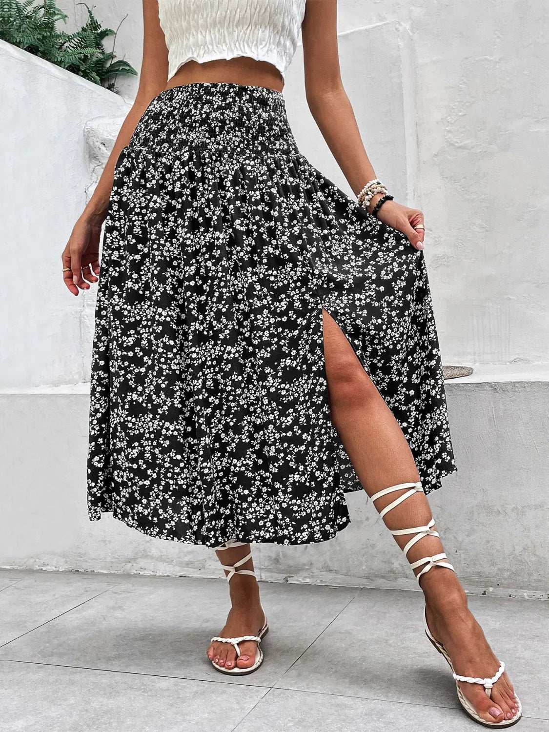 Slit Smocked Printed Skirt - adritiX