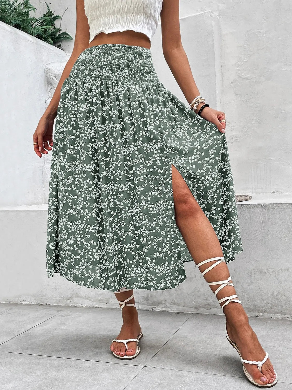 Slit Smocked Printed Skirt - adritiX