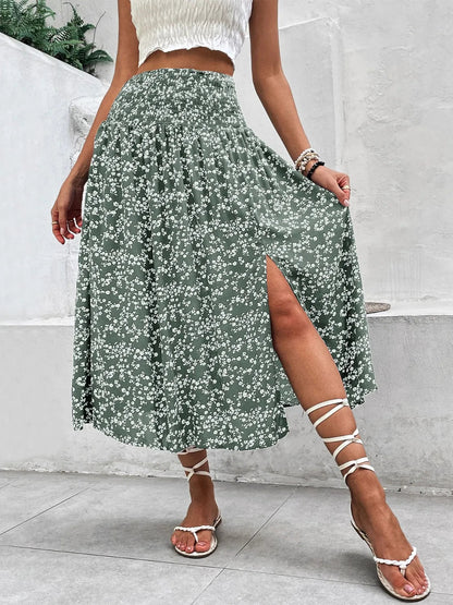 Slit Smocked Printed Skirt - adritiX