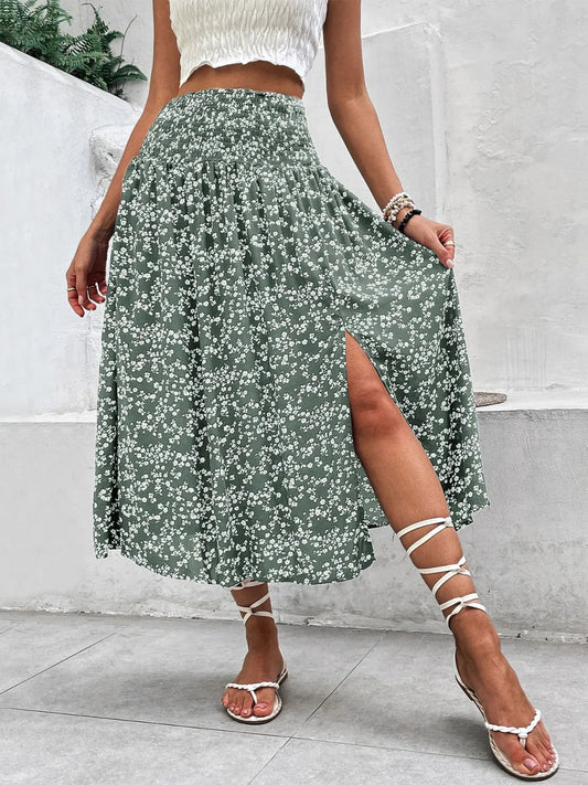 Slit Smocked Printed Skirt - adritiX