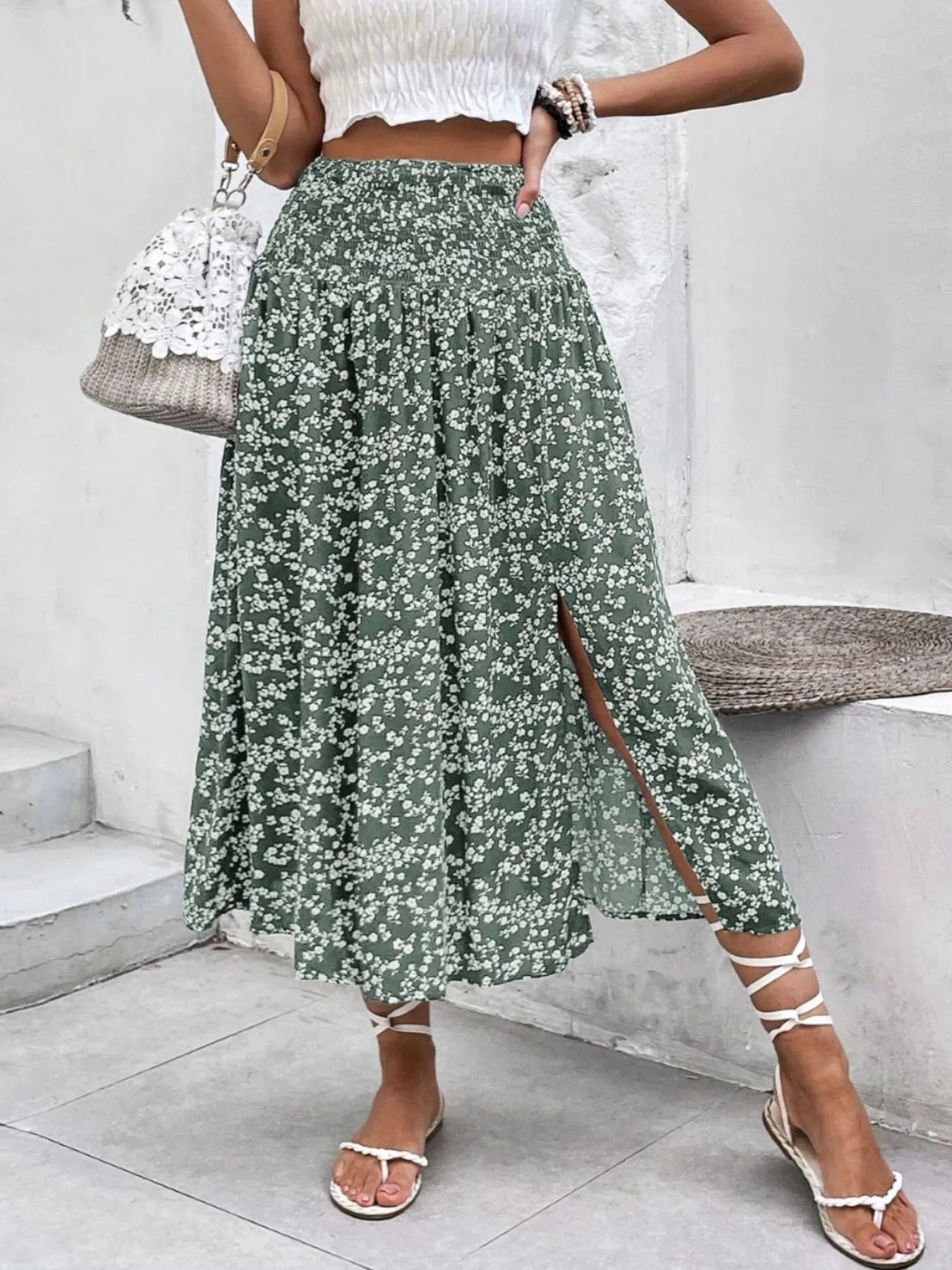 Slit Smocked Printed Skirt - adritiX