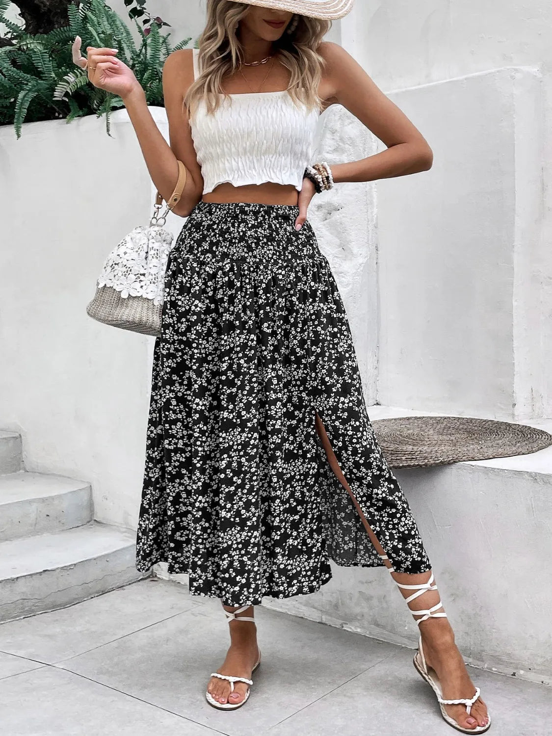 Slit Smocked Printed Skirt - adritiX