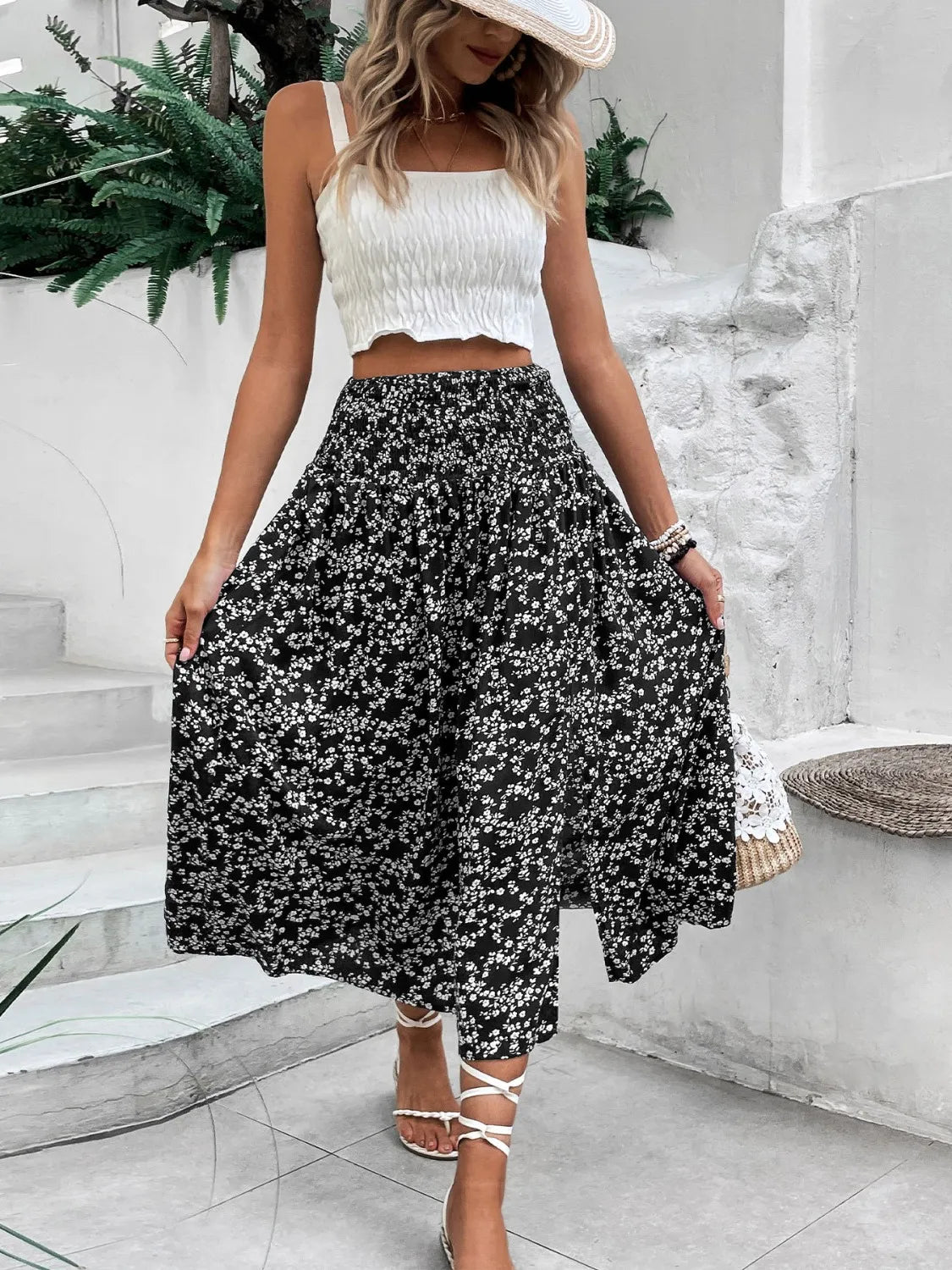 Slit Smocked Printed Skirt - adritiX