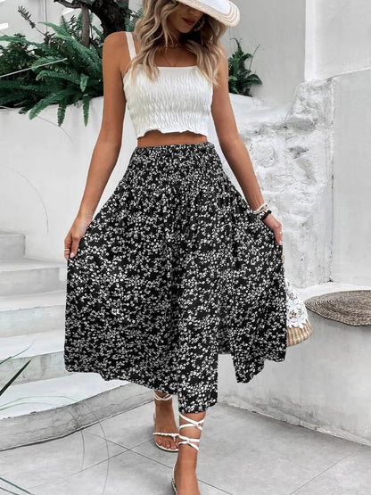 Slit Smocked Printed Skirt - adritiX