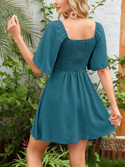 Smocked Back Knotted Flutter Sleeve Dress - adritiX