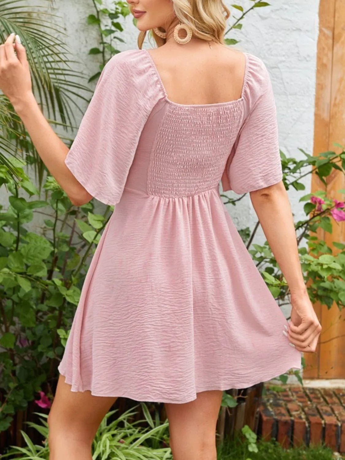 Smocked Back Knotted Flutter Sleeve Dress - adritiX