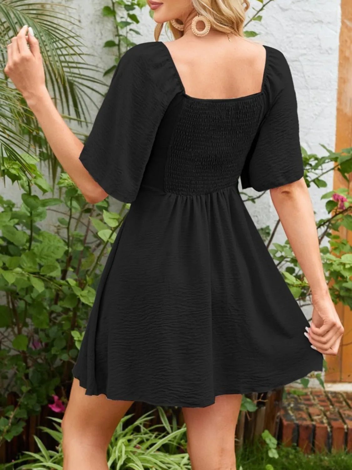 Smocked Back Knotted Flutter Sleeve Dress - adritiX