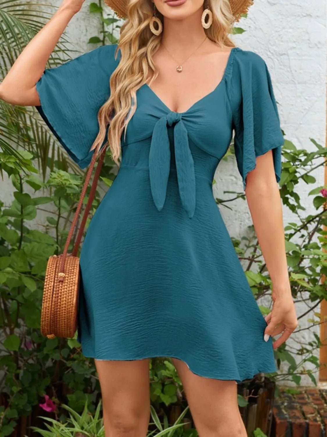 Smocked Back Knotted Flutter Sleeve Dress - adritiX