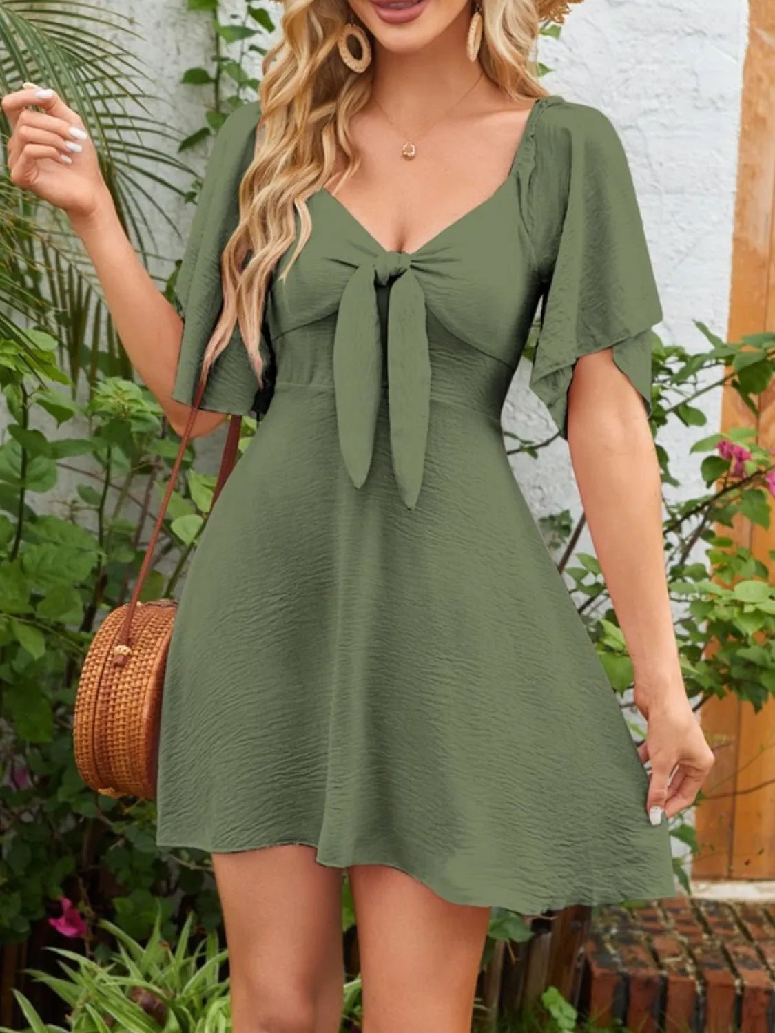 Smocked Back Knotted Flutter Sleeve Dress - adritiX
