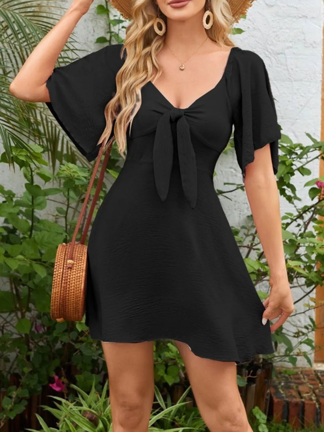 Smocked Back Knotted Flutter Sleeve Dress - adritiX