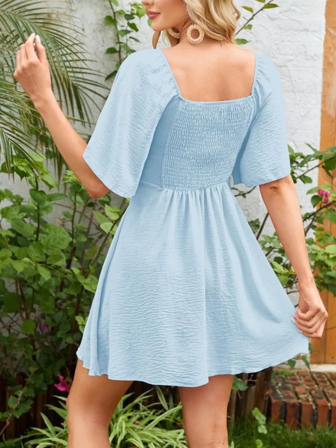 Smocked Back Knotted Flutter Sleeve Dress - adritiX