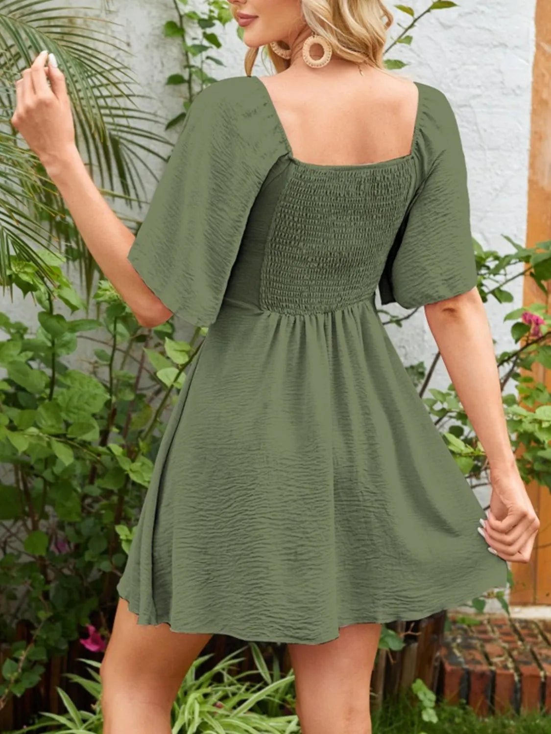 Smocked Back Knotted Flutter Sleeve Dress - adritiX