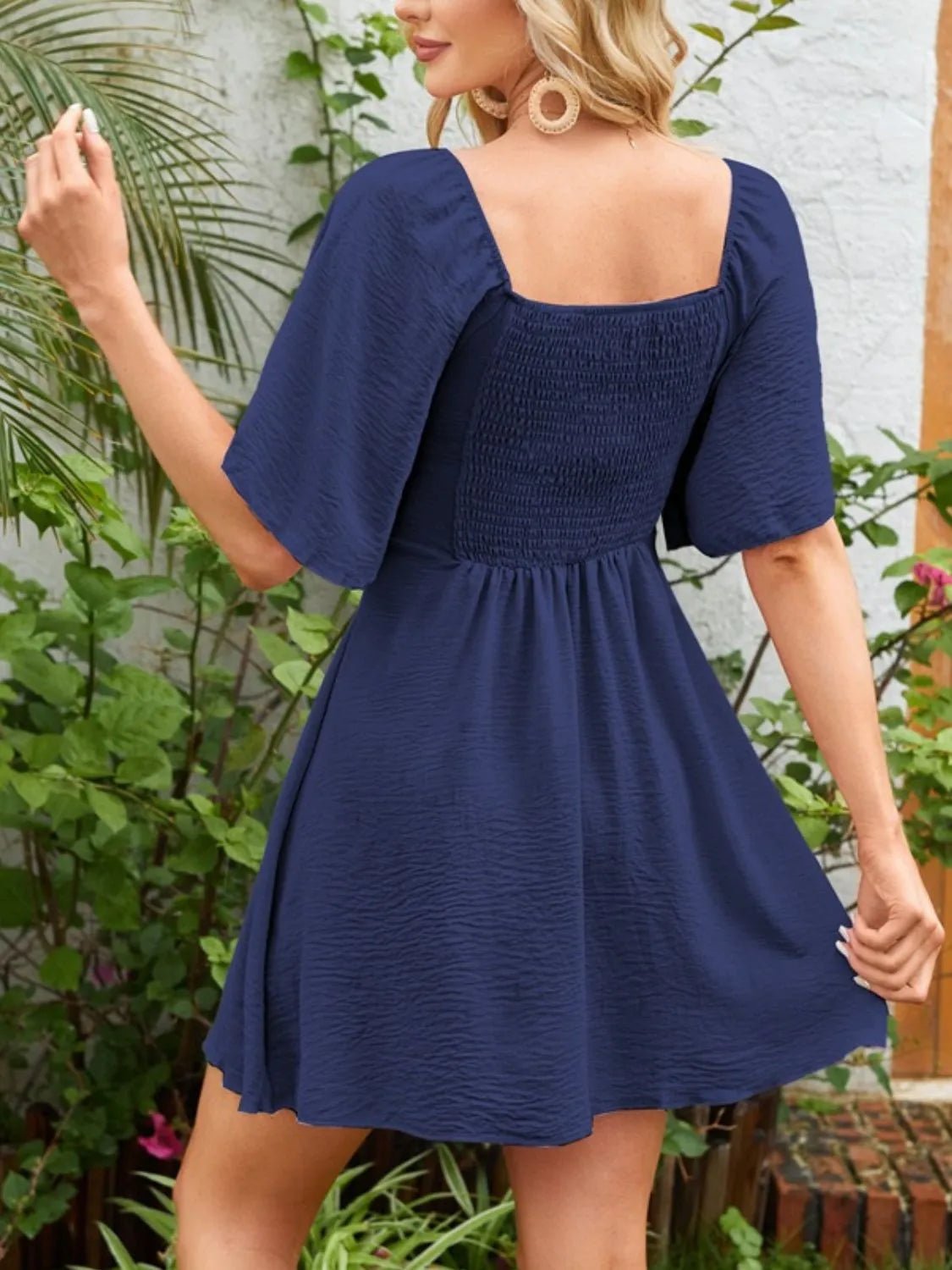 Smocked Back Knotted Flutter Sleeve Dress - adritiX