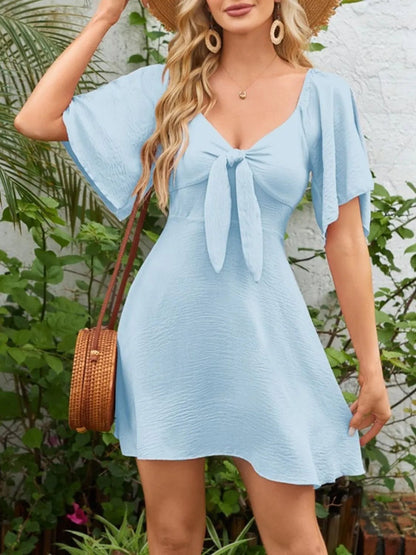 Smocked Back Knotted Flutter Sleeve Dress - adritiX