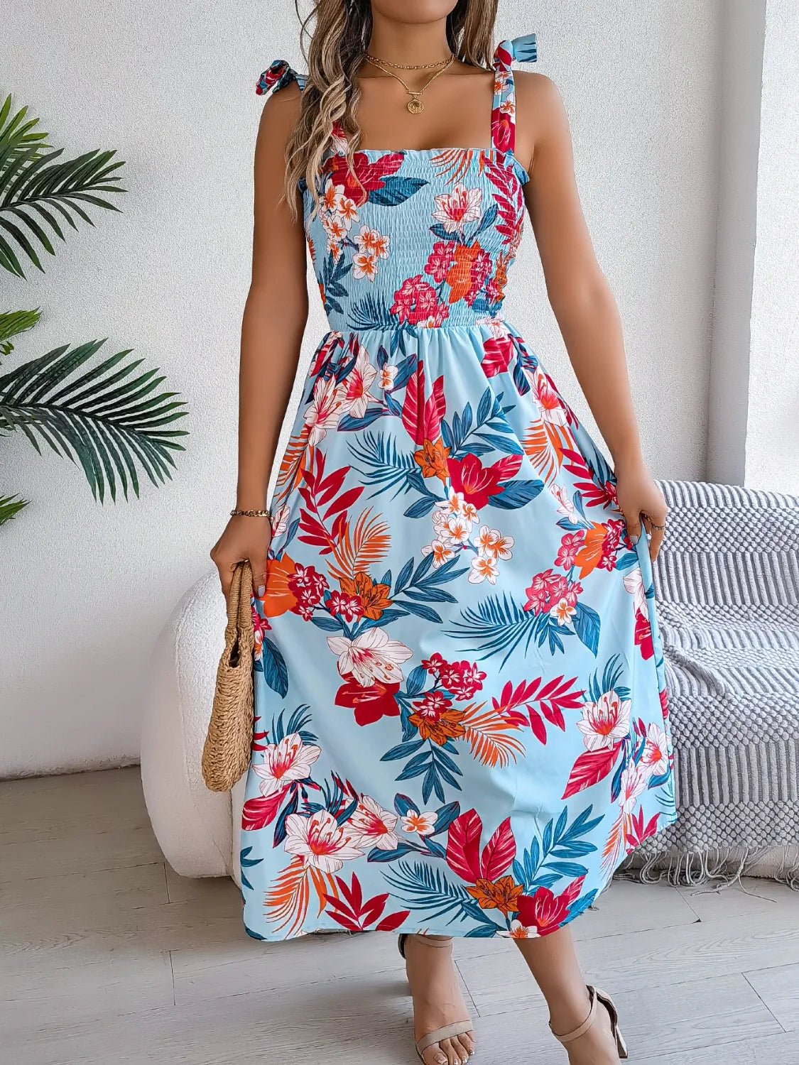 Smocked Floral Tie Shoulder Midi Dress - adritiX
