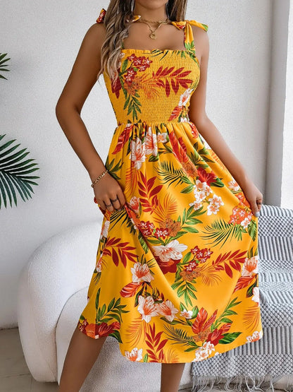 Smocked Floral Tie Shoulder Midi Dress - adritiX