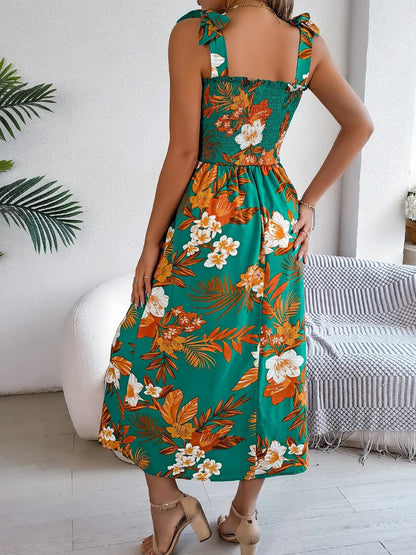 Smocked Floral Tie Shoulder Midi Dress - adritiX