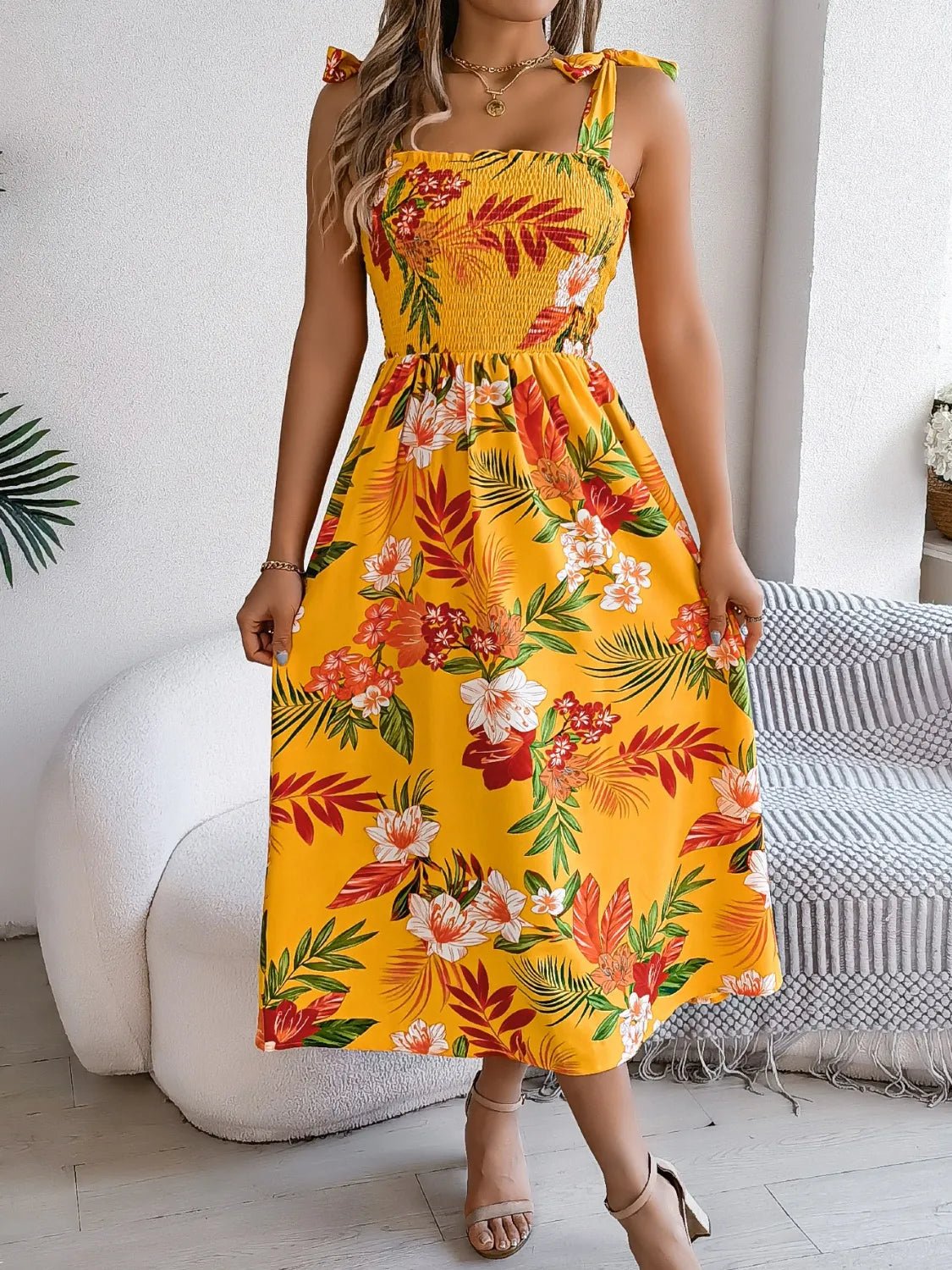 Smocked Floral Tie Shoulder Midi Dress - adritiX