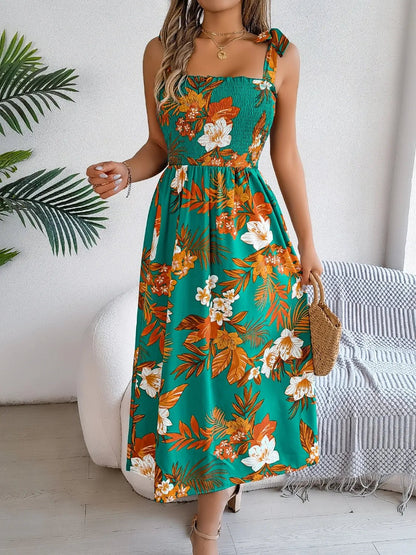 Smocked Floral Tie Shoulder Midi Dress - adritiX