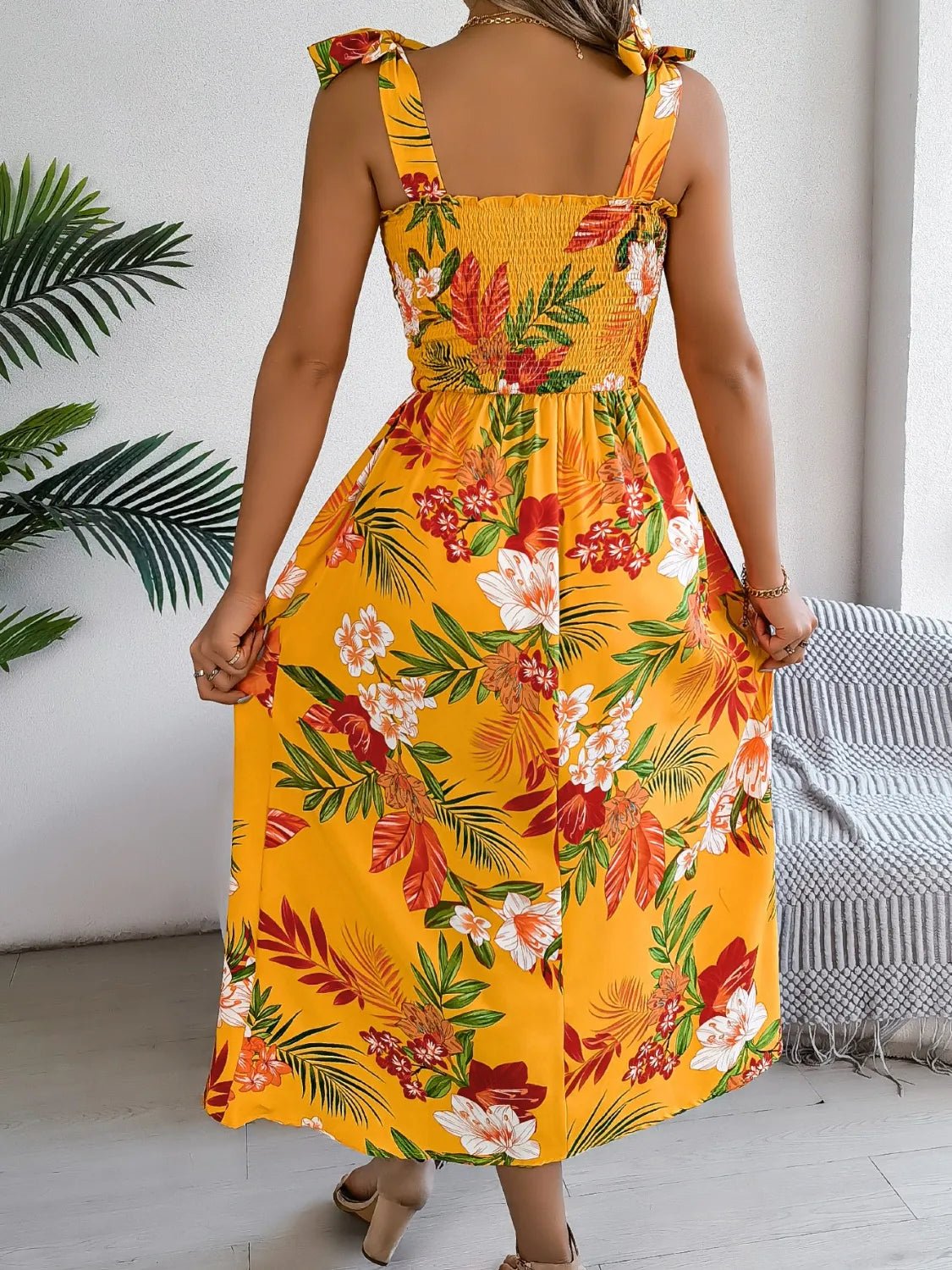 Smocked Floral Tie Shoulder Midi Dress - adritiX