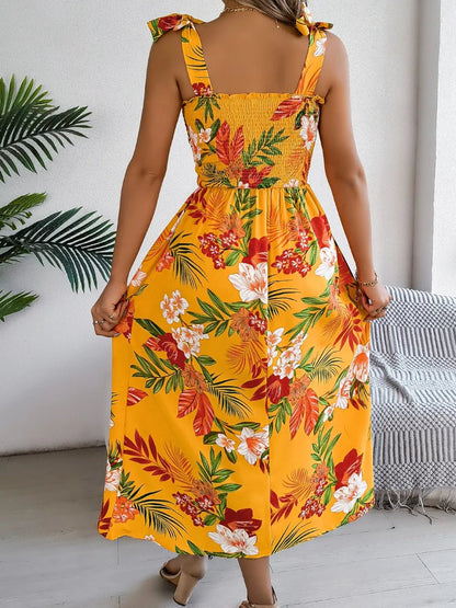 Smocked Floral Tie Shoulder Midi Dress - adritiX