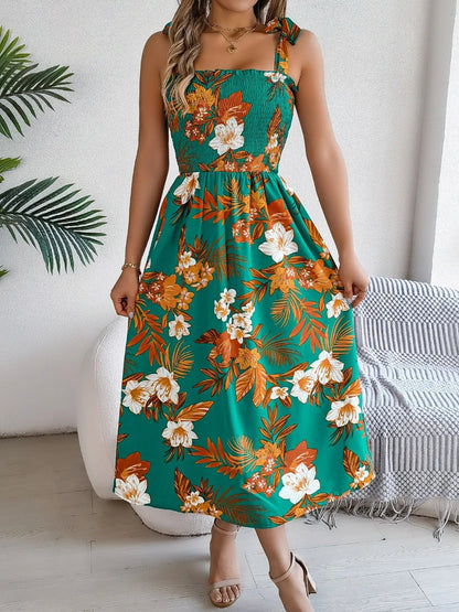 Smocked Floral Tie Shoulder Midi Dress - adritiX