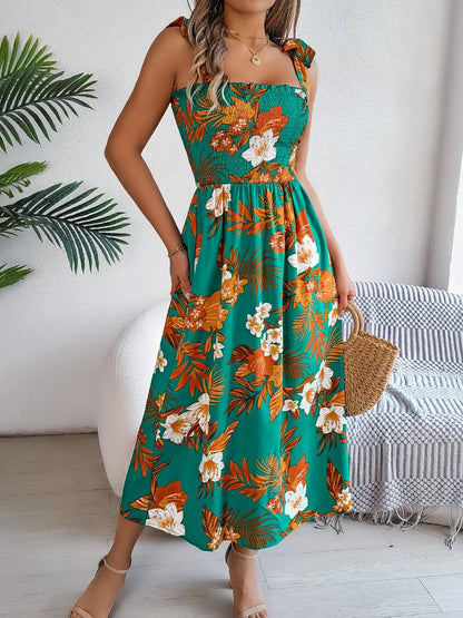 Smocked Floral Tie Shoulder Midi Dress - adritiX