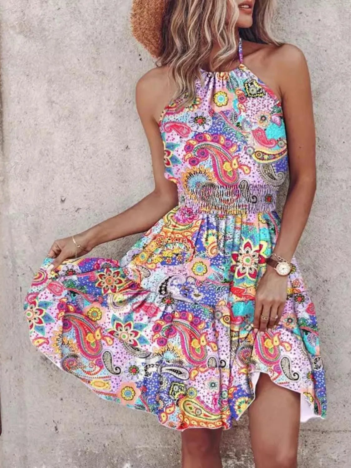 Smocked Printed Halter Neck Mini Dress - adritiX