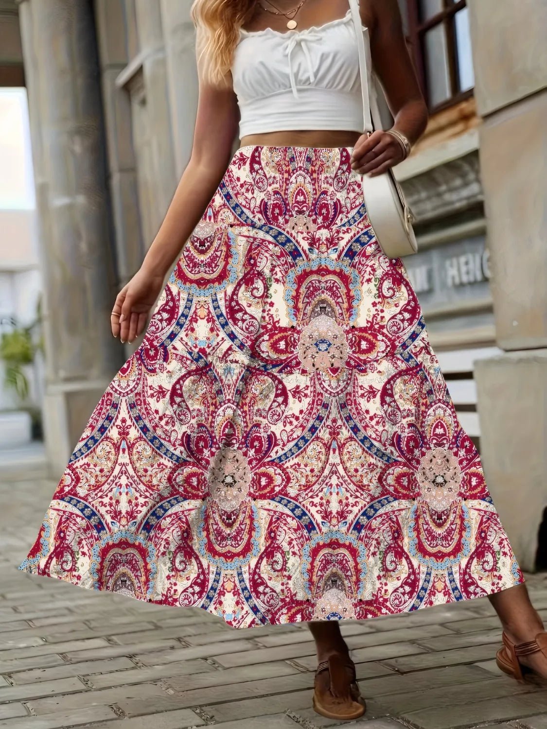 Smocked Printed High Waist Skirt - adritiX