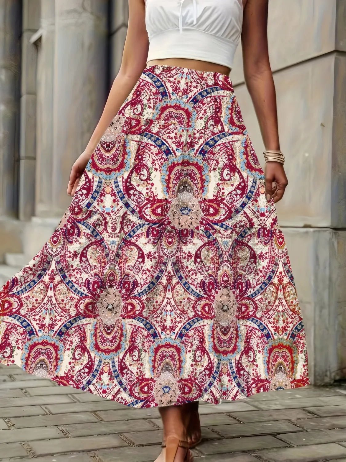 Smocked Printed High Waist Skirt - adritiX