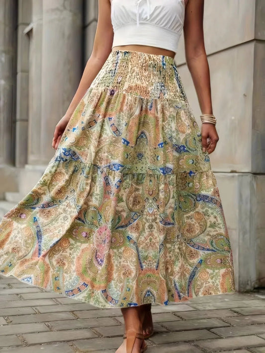 Smocked Printed High Waist Skirt - adritiX