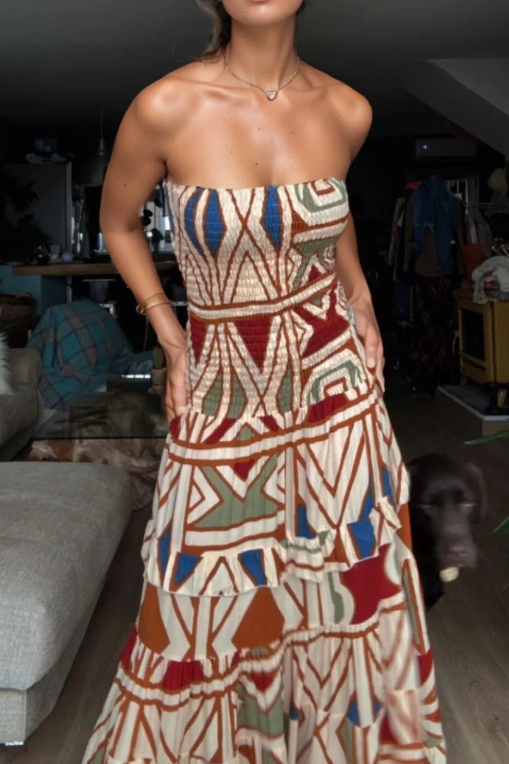 Smocked Printed Tube Dress - adritiX
