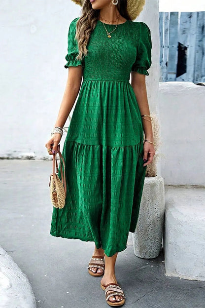 Smocked Puff Sleeve Midi Dress - adritiX