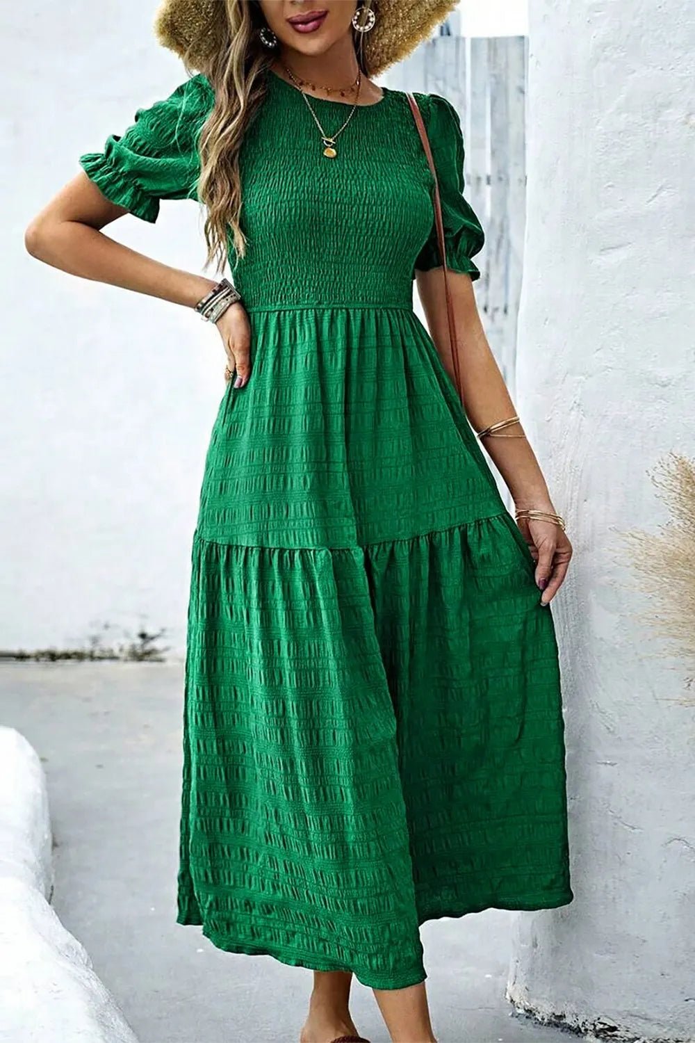 Smocked Puff Sleeve Midi Dress - adritiX