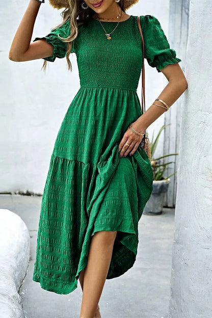 Smocked Puff Sleeve Midi Dress - adritiX