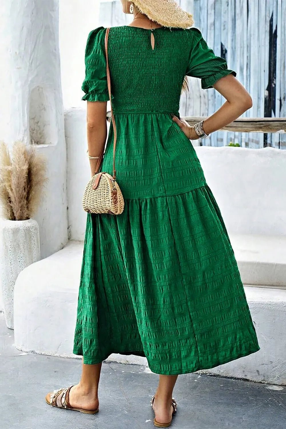 Smocked Puff Sleeve Midi Dress - adritiX