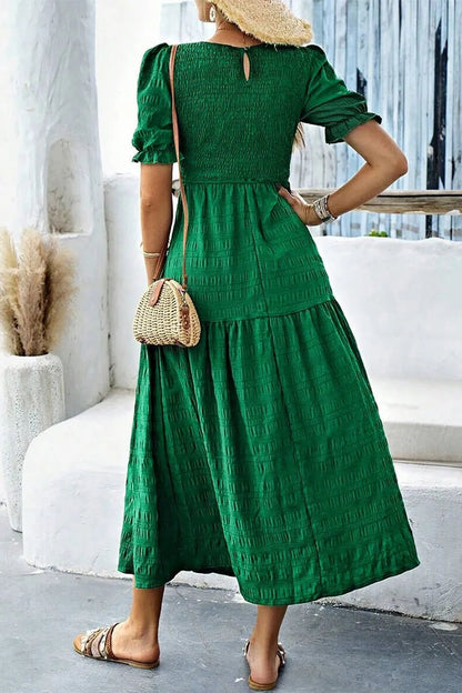 Smocked Puff Sleeve Midi Dress - adritiX