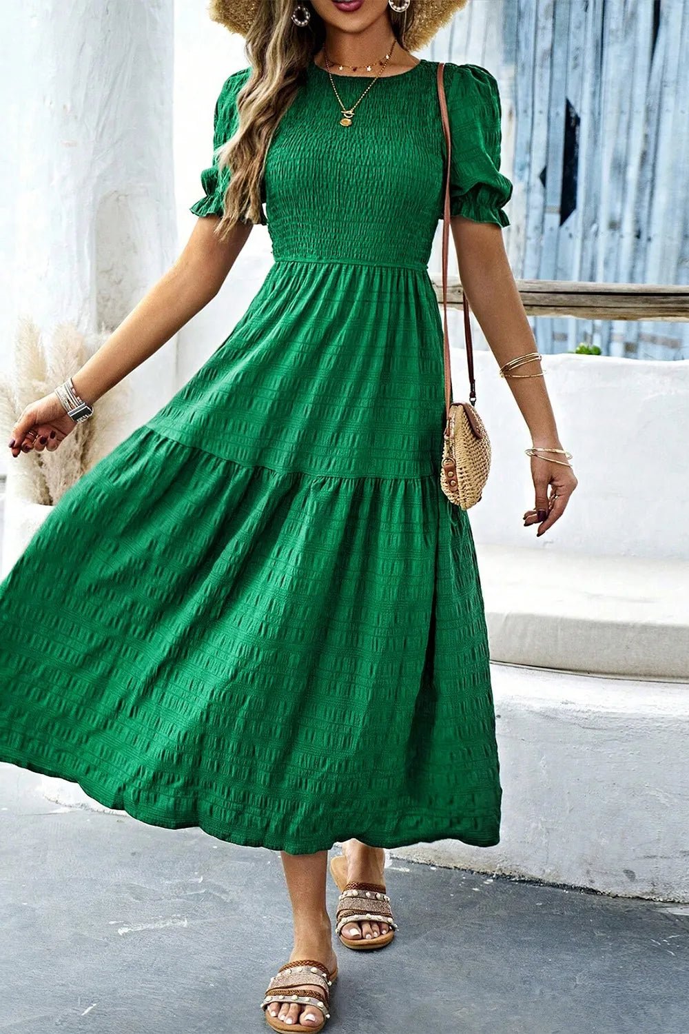 Smocked Puff Sleeve Midi Dress - adritiX