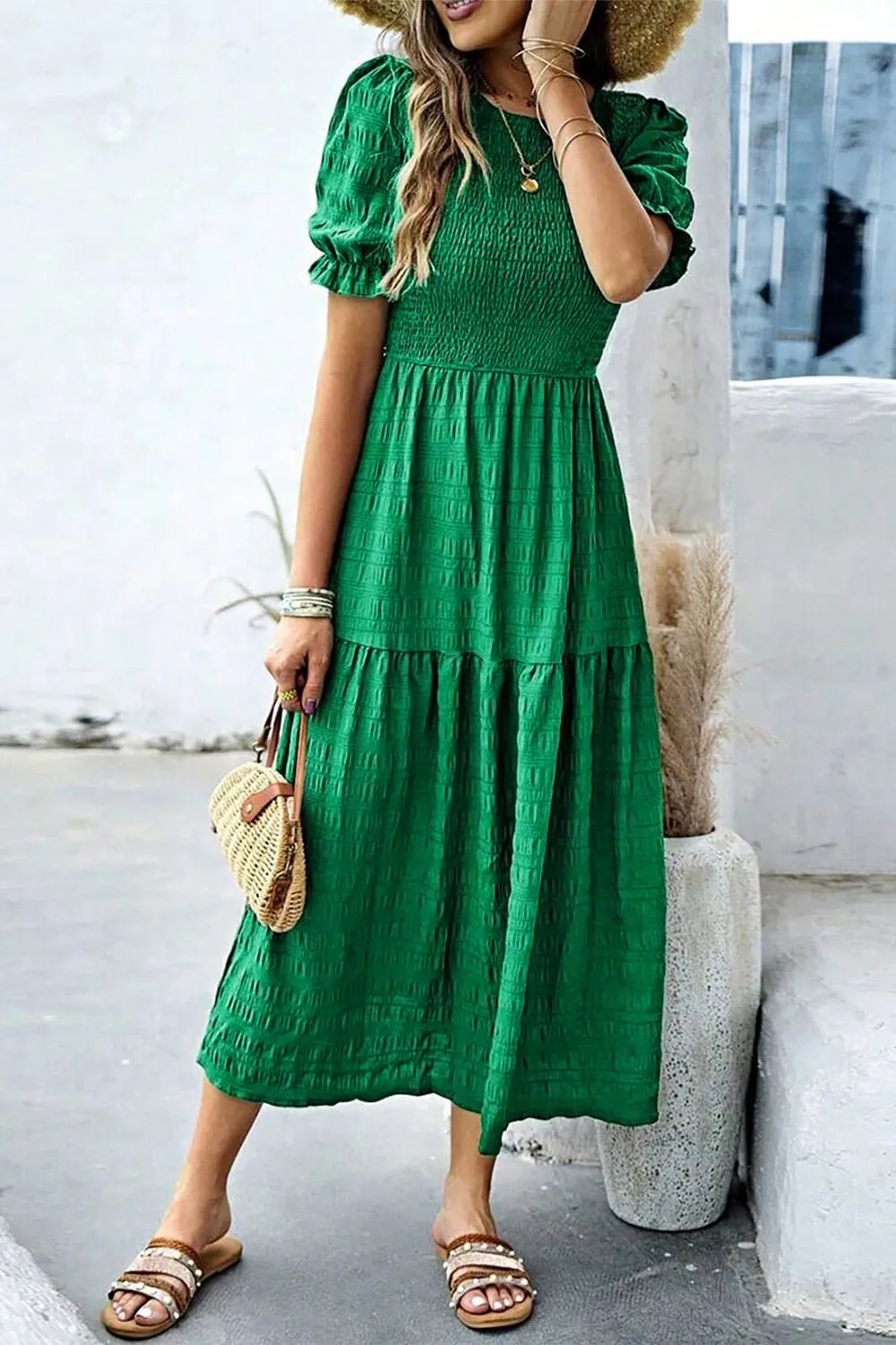 Smocked Puff Sleeve Midi Dress - adritiX