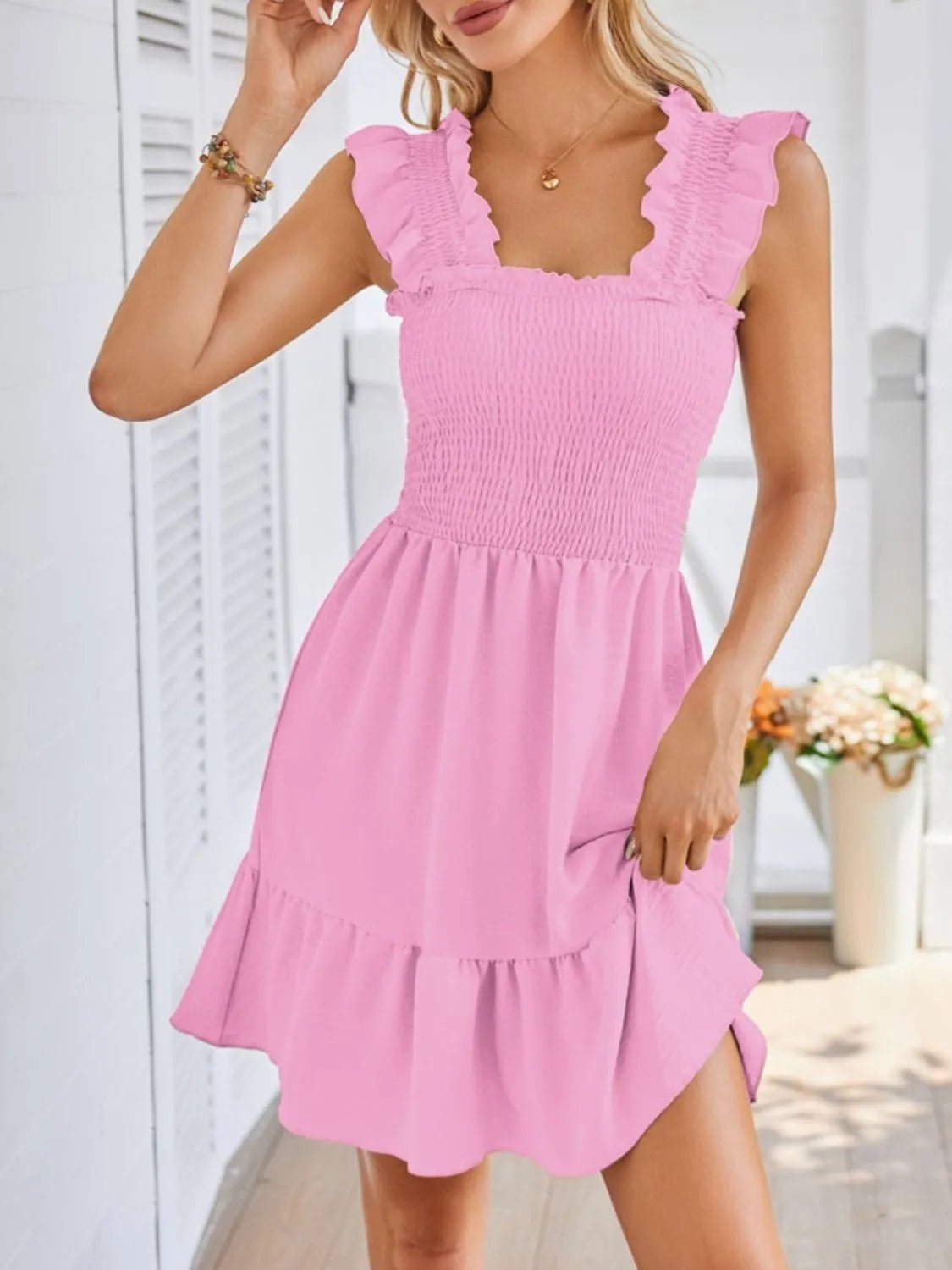 Smocked Square Neck Wide Strap Dress - adritiX
