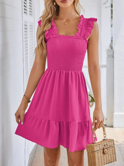 Smocked Square Neck Wide Strap Dress - adritiX