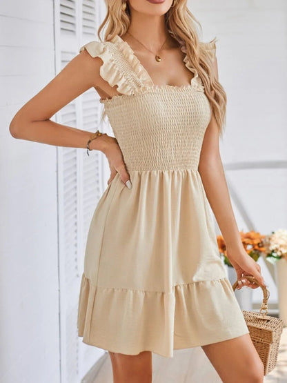 Smocked Square Neck Wide Strap Dress - adritiX
