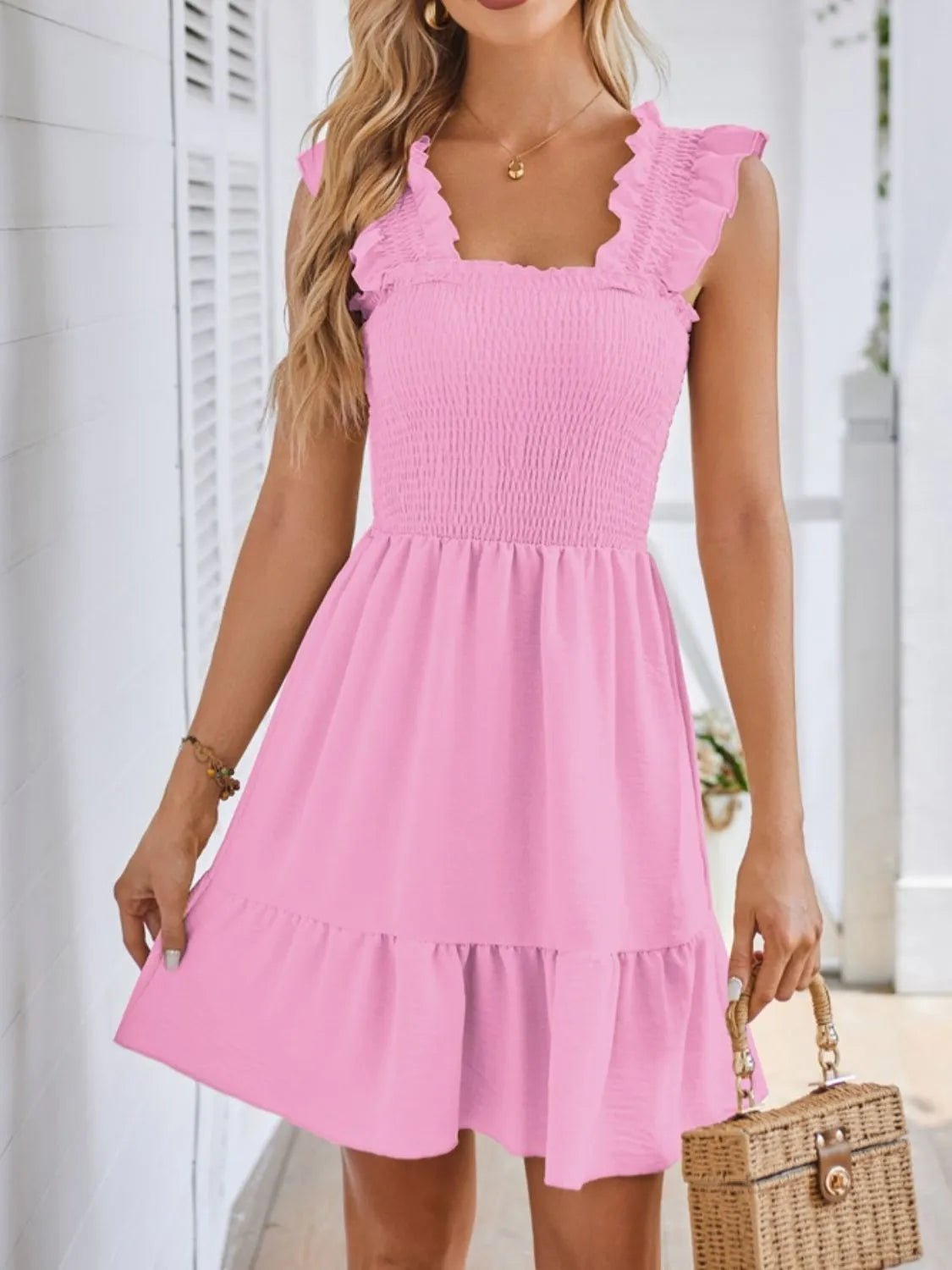 Smocked Square Neck Wide Strap Dress - adritiX