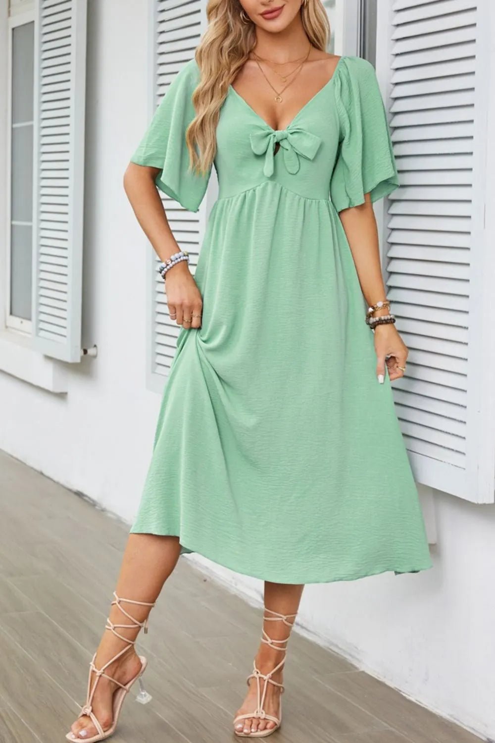 Smocked Tie Front Flutter Sleeve Midi Dress - adritiX