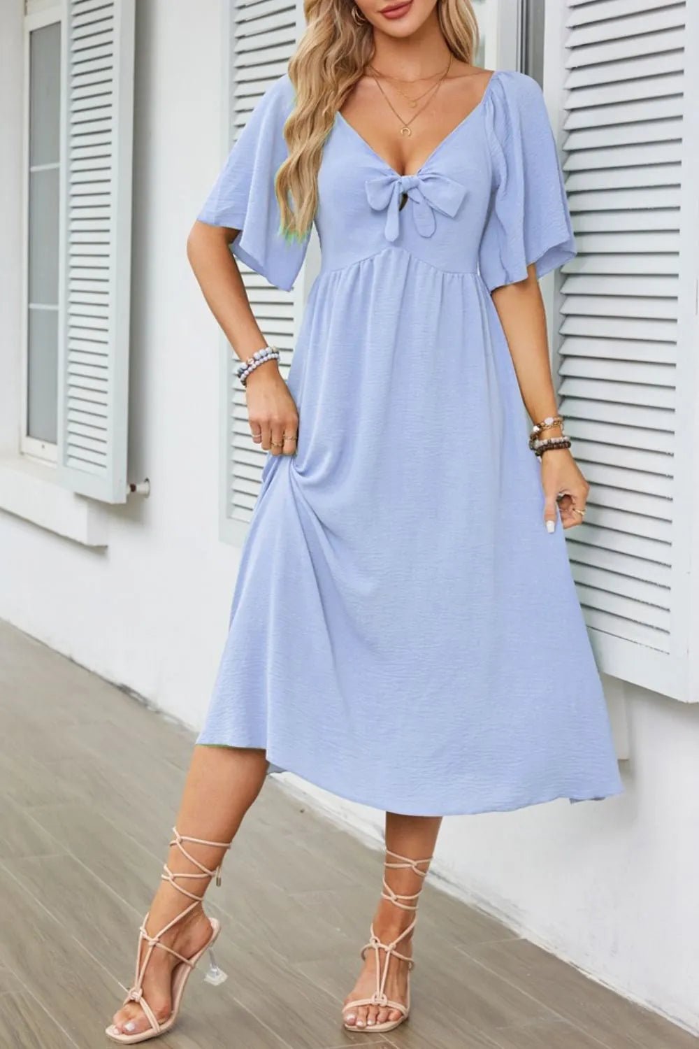 Smocked Tie Front Flutter Sleeve Midi Dress - adritiX